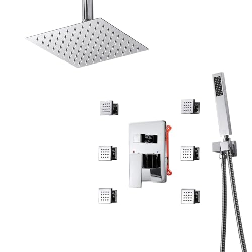 Versteckte Regendusche Badezimmerhaderation Niederschlag mit 6 Prozenter Drehung Massage Düsenarmatur Deckenmontage 10 "Overhead Head Hand Hand und 1,5 m Schlauchset (schwarz, quadratisch) von AJYBYUKJ