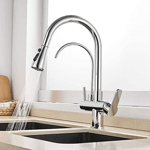 Way Flexible Kupfer mit ausziehen Doppelspray Head Küchenspüle Wasserhahnmixer Tap-Push-Nickel (Farbe: Wasserhahn Küche Verchromt) Beauty Comes von AJYBYUKJ