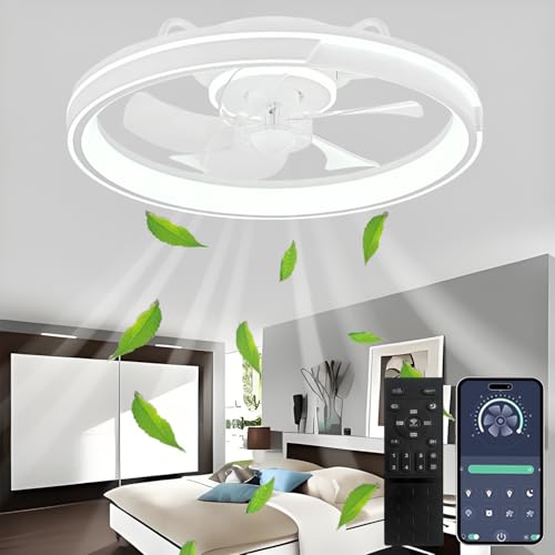 AJZXQM LED Deckenventilator mit Beleuchtung und Fernbedienung, Leise, 64W Modern APP Dimmbare Deckenleuchte mit Ventilator, Umkehrbare 6-Speed Lampe mit Ventilator, 5 Lüfterflügel, Timer, Weiß von AJZXQM