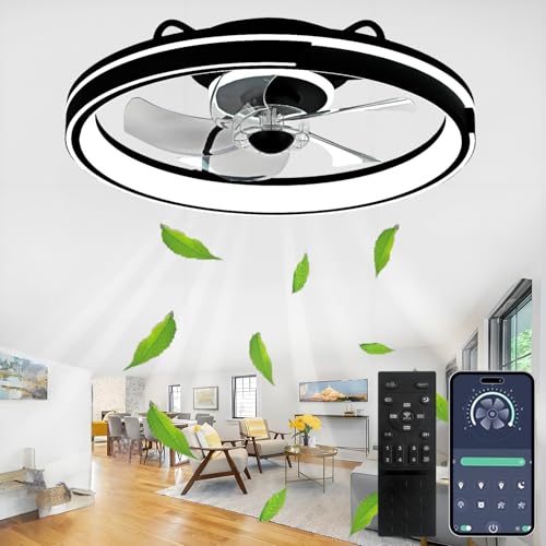 AJZXQM LED Deckenventilator mit Beleuchtung und Fernbedienung, Leise, 64W Modern APP Dimmbare Deckenleuchte mit Ventilator, Umkehrbare 6-Speed Lampe mit Ventilator, 5 Lüfterflügel, Timer,Schwarz von AJZXQM
