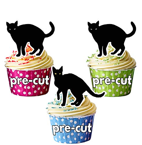 Vorgeschnittene schwarze Katzen Halloween- essbare Cupcake Topper/Kuchendekorationen (12 Stück) von AK Gifts