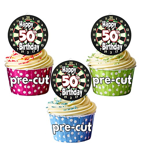 vorgeschnittenen Dartscheibe Darts Motto – 50. Geburtstag – Essbare Cupcake Topper/Kuchen Dekorationen (12 Stück) von AK Giftshop