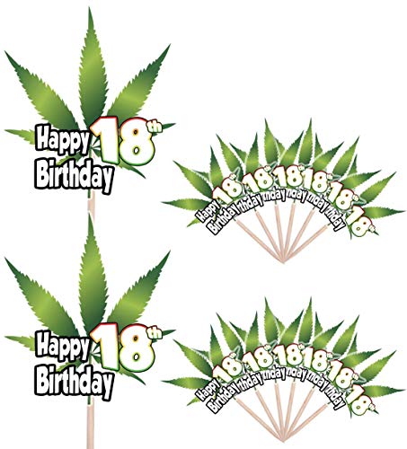 Happy 18th Birthday – Cannabis Marihuana Weed Leaf Themed Party Essen Kuchen Cupcakes Picks Sticks Dekorationen Topper Stand Up Food Flags von AK Giftshop