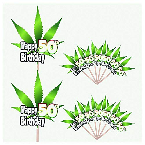 Happy 50th Birthday – Cannabis Marihuana Weed Leaf Themed Party Food Cake Cupcake Picks Sticks Dekorationen Toppers Aufsteller Essen Flaggen von AK Giftshop