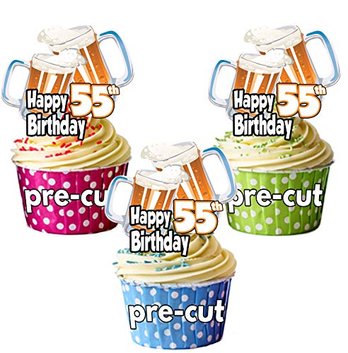 Happy 55. Geburtstag Bier Pint Glas Motto – vorgeschnittenen essbare Cupcake Topper/Kuchen Dekorationen – Herren – Damen – Feiern – Party 12er-Pack von AK Giftshop