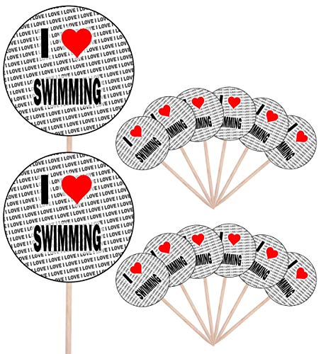 I Love Swimming – Party Food – Cake Cupcakes – Picks Sticks – Food Flaggen – Stand Up Dekorationen Topper (14 Stück) von AK Giftshop