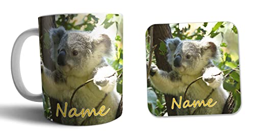 Personalisierbares Set aus Tasse und Untersetzer, Koala im Baum, Geschenk für Geburtstag, Weihnachten, Nikolaus von AK Giftshop