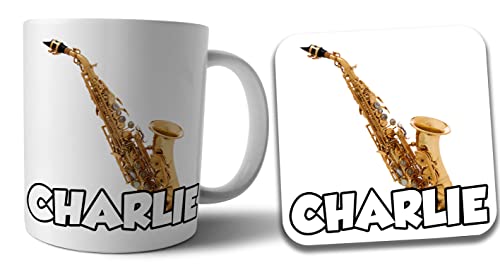 Tasse und Untersetzer, personalisierbar, Saxophon-Set von AK Giftshop