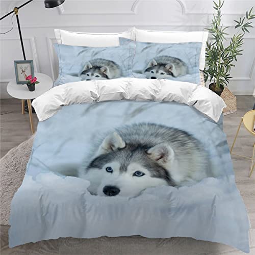 AKATIE Bettwäsche 200x200 flauschig Husky Hund Bettwäsche Set 3 Stück Weiche Mikrofaser 3D Drucken Bettbezug Tier Hund Jugendliche Bettbezüge mit 2 Kissenbezug 80 x80 von AKATIE