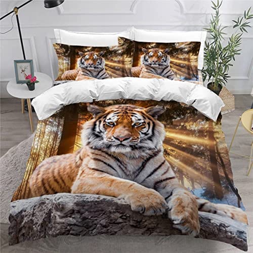 AKATIE Bettwäsche Tiger Bettwäsche 135x200 Kinder Waldtiere Bettbezug Set Weich Microfaser Kinderbettwäsche 3 Teilig Mit ReißVerschluss Mit 2 Kissenbezug 80x80 cm von AKATIE