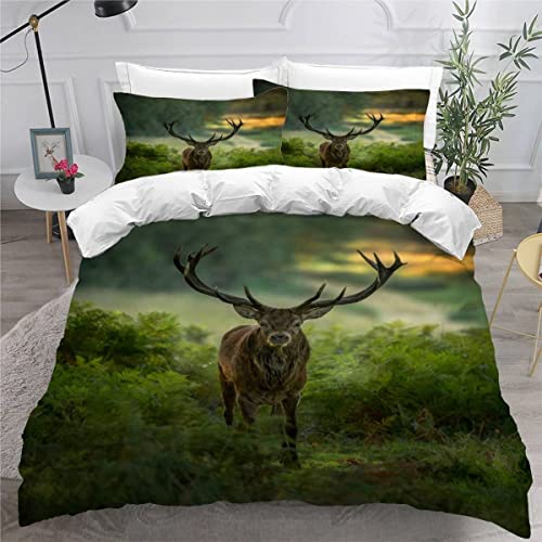 AKATIE Sommer Bettwäsche 220x240 Hochwertig 3D Motiv Bettbezug Hirsch Grüner Wald Wilde Tiere Bettwäsche 3-TLG Mikrofaser Luxus Erwachsene Bettbezug Set Mit ReißVerschluss von AKATIE