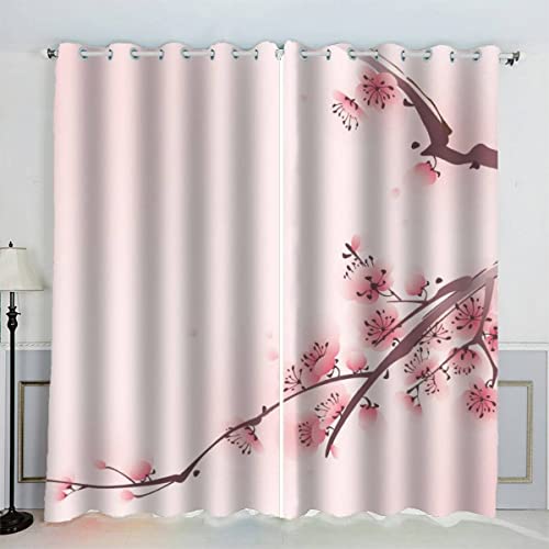 AKATIE Vorhang Pinke Blumen Polyester Vorhänge mit Ösen 2er Set Gardinen Kirschblüten Im Frühling 3D Drucken Verdunkelungsvorhang für Wohnzimmer Schlafzimmer (234x137 cm) von AKATIE