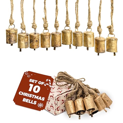 AKATVA Gold Weihnachtsschmuck Set - Vintage Weihnachtsdekoration für Baum - Gold Weihnachtsglocken - Christbaumschmuck für die Weihnachtszeit - Rustikale Glocken Hängende Ornamente - Set von 10 Stück von AKATVA