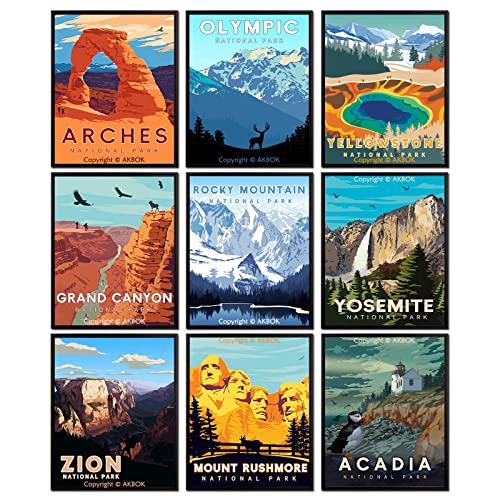 AKBOK 9 Stück Vintage Nationalpark-Poster, Nationalparks-Kunstdrucke, Natur, Berg, Wandkunst, Dekoration, Reiseposter für Zuhause, Wohnzimmer, Schlafzimmer, Büro, Dekoration, 20 x 25 cm, ungerahmt von AKBOK