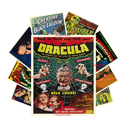 AKBOK Jahrgang Horror-Monster-Filmplakate Klassisches Grusel Filmplakat Wand Kunstdrucke Heimkino-Set für Männerhöhle Wohnzimmer Schlafzimmer 20 x 25 cm ungerahmt 9 Stück von AKBOK