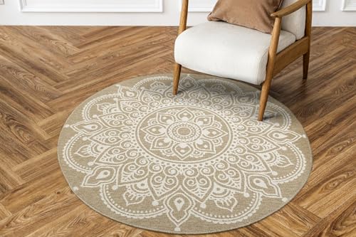 AKCILA Brussels Rund, Doppelseitig, Beige, Creme, Schnur, Rosette, modernes Muster Outdoor Teppich 160 cm, Balkon Carpet,Tepich für Terrasse, Teppiche aussenbereich wetterfest von AKCILA