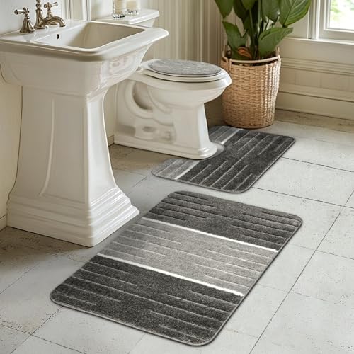 AKCILA COMO Bad Teppich Grau 50x80+40x60+40x50cm | 3-teiliges Set Badezimmerteppich | Badematte bunt | Bad Vorleger waschbar | Rechteckig Badewanne Rutschfest | Badematten & Badteppiche | Bathroom Rug von AKCILA