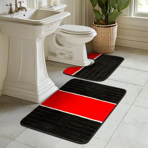 AKCILA COMO Bad Teppich Rot 50x80 + 40x60 cm|2-teiliges Set Badezimmerteppich|absorbierende Badematte bunt |Bad Vorleger waschbar|Rechteckig Badewanne Rutschfest|Badematten & Badteppiche|Bathroom Rug von AKCILA