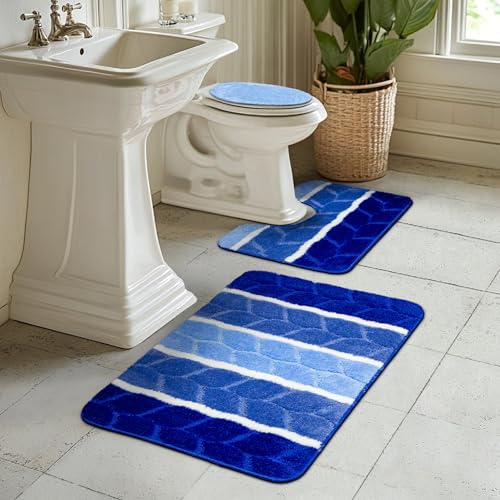 AKCILA Fano Blau Badteppich Set 3-teilig, Rutschfester , Rechteckig, Bunt, Badematten & Badteppiche, Badezimmerteppich , Bad Vorleger waschbar von AKCILA