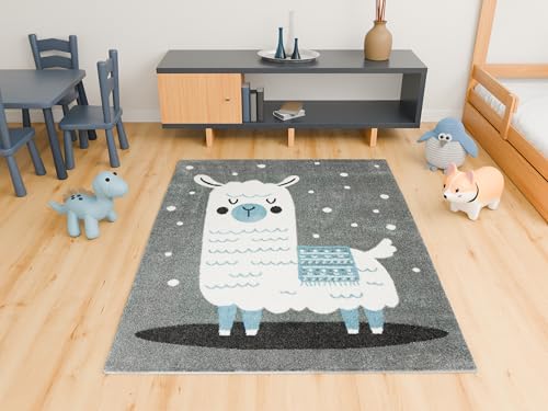 AKCILA Lima Blau | Grau Kinderteppich Lama 160x230 cm Kinderzimmer Teppich, Spielteppich Kinder, Babyzimmer Tepich, Kurzflorteppich Schlafzimmer,Teppiche Gegend, Kids Carpet, kinderteppich Mädchen von AKCILA