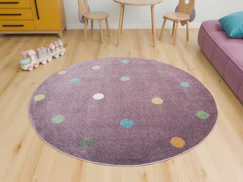 AKCILA Lima runder Kinder Teppich Lila 140 cm, Kinderzimmer Kurzflor Teppiche| Kinderteppich Mädchen| Kids Carpet |Spielteppich Kinder Babyzimmer Tepich |gepunktetes Muster |Wohnzimmer Teppich von AKCILA