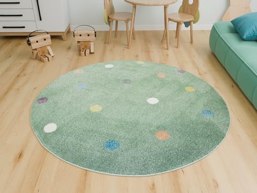 AKCILA Lima runder Kinder Teppich Minze 140 cm, Kinderzimmer Kurzflor Teppiche| Kinderteppich Mädchen| Kids Carpet |Spielteppich Kinder Babyzimmer Tepich |gepunktetes Muster |Wohnzimmer Teppich von AKCILA
