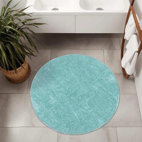 AKCILA Malmo Blau Teppich mit Glanz Runden 140 cm Shaggy Badematten & Badteppiche Badezimmerteppich Bad Vorleger waschbar rutschfest Bathroom Rug dusche Teppich Badmatten Schlafzimmerteppich von AKCILA