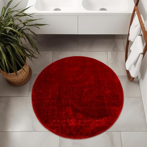AKCILA Malmo Rot Teppich mit Glanz Runden 67 cm Shaggy Badematten & Badteppiche Badezimmerteppich Bad Vorleger waschbar rutschfest Bathroom Rug dusche Teppich Badmatten Schlafzimmerteppich von AKCILA