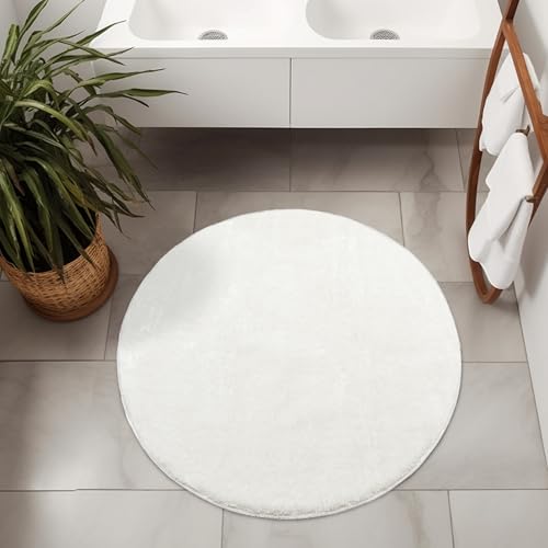 AKCILA Malmo Weiß Teppich mit Glanz Runden 100 cm Shaggy Badematten & Badteppiche Badezimmerteppich Bad Vorleger waschbar rutschfest Bathroom Rug dusche Teppich Badmatten Schlafzimmerteppich von AKCILA
