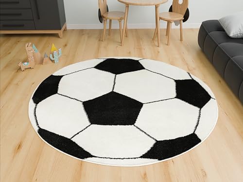 AKCILA Modischer Runder Kinderteppich Lima Fußball – weiß-schwarz 140 cm - Waschbarer Kinderzimmer Teppich - Spielteppich - Weicher Teppich Kinderzimmer - Ideal für Jungen – Dekoteppich von AKCILA