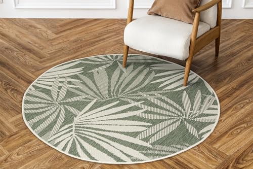 AKCILA Rund Outdoor-Teppich Brussels mit Palmenblättern, Grün, 140 cm - Wetterfester Sisalteppich für Terrasse, Balkon und Küche, Waschbar von AKCILA