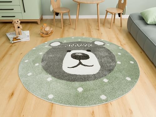 AKCILA Runden Kinderteppich Lima Grün Teddybär 100 cm, Teppiche für EIN Kinderzimmer mit kurzem Flor, Teppich für einen Jungen,Mädchen, Kinderteppich, Spielteppich, Kids Carpet von AKCILA