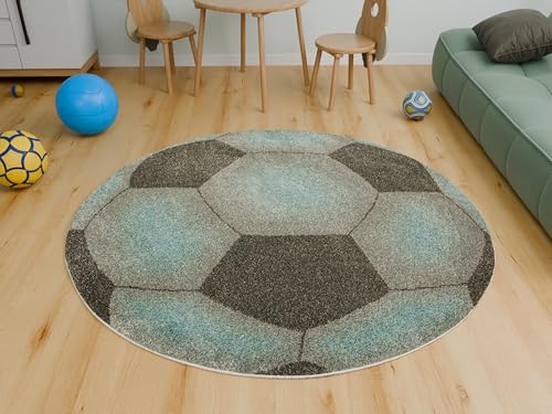 AKCILA Modischer Runder Kinderteppich Lima Fußball - Grau-Blau 140 cm - Waschbarer Kinderzimmer Teppich - Spielteppich - Weicher Teppich Kinderzimmer - Ideal für Jungen – Dekoteppich von AKCILA