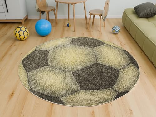 AKCILA Modischer Runder Kinderteppich Lima Fußball - Grau-Gelb 100 cm - Waschbarer Kinderzimmer Teppich - Spielteppich - Weicher Teppich Kinderzimmer - Ideal für Jungen – Dekoteppich von AKCILA