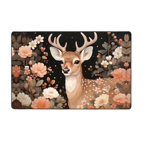AKGFFDS Flanell-Teppich mit Hirsch in den Blumen, 152,4 x 99,1 cm, Bodenmatte für Wohnzimmer, Büro, Couchtisch, Bett, Balkon von AKGFFDS