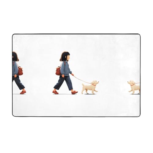 AKGFFDS Flanell-Teppich mit dem kleinen Mädchen, bedruckt mit dem Hund, 152,4 x 99,1 cm, Bodenmatte für Wohnzimmer, Büro, Couchtisch, Bett, Balkon von AKGFFDS