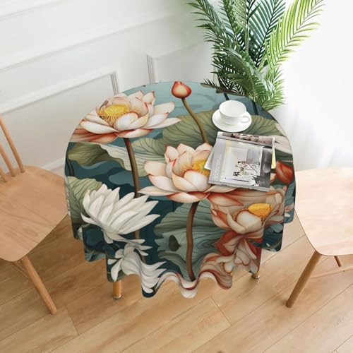 AKGFFDS Runde dekorative Tischdecke mit Lotusmotiv im Teich, 152,4 cm, für Innen- und Außenbereich, Partys, Hochzeiten von AKGFFDS