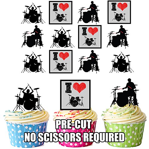 I love Drums und Drummer Silhouetten – essbar Stand-up Cupcake Topper (Pack von 12) von AKGifts