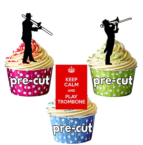 Keep Calm and Play Posaune, Silhouette Player Mix – essbar Stand-up Cupcake Topper (Pack von 12) von AKGifts