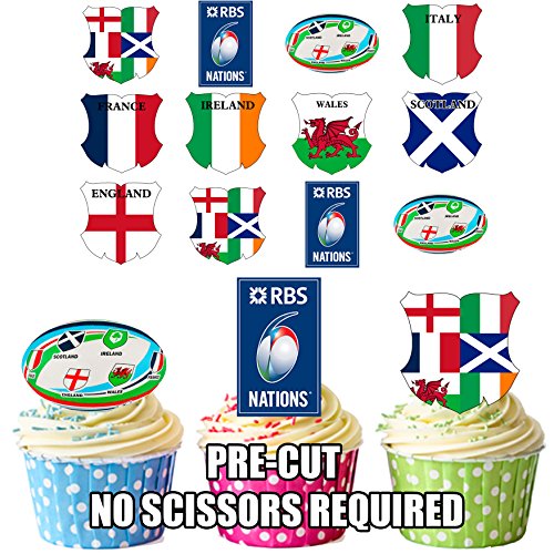 Rugby Six Nations Party Pack – essbar Stand-up Cupcake Topper (36 Stück) von AKGifts