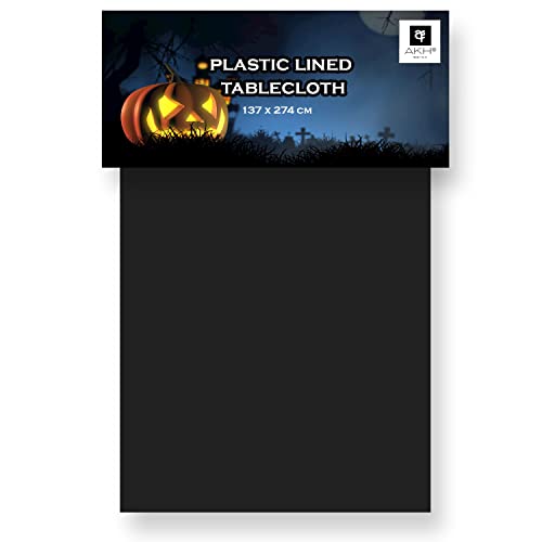 AKH® Halloween-Tischdecke | 137 x 274 cm | mit Kunststoff gefütterte Tischdecke | Einweg-Tischdecken | rechteckige Tischdecken für drinnen und draußen, Halloween-Partydekoration (schwarz) von AKH