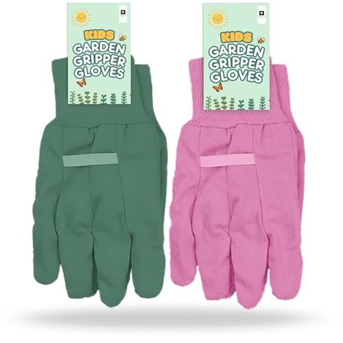 AKH® Kinder Gartenhandschuhe,Einheitsgröße ab 3 Jahren,Baumwolle Kinder Gartenhandschuhe mit PVC Noppen für sicheren Halt,Kinder Gartenhandschuhe mit bunten Gartenfiguren Design (beide Farbe je 1) von AKH