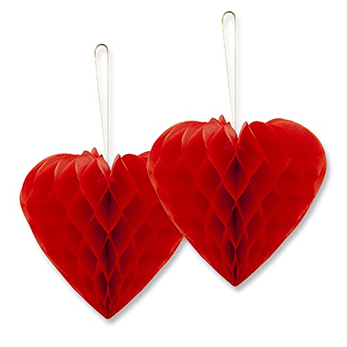 AKH® Rote Waben-Liebesherz, 23 cm, 2 Stück, zum Aufhängen, Papier, Valentinstag, rote Hänge-Herzen, Pompons für Hochzeit, Valentinstag, Jahrestag, Partyzubehör von AKH