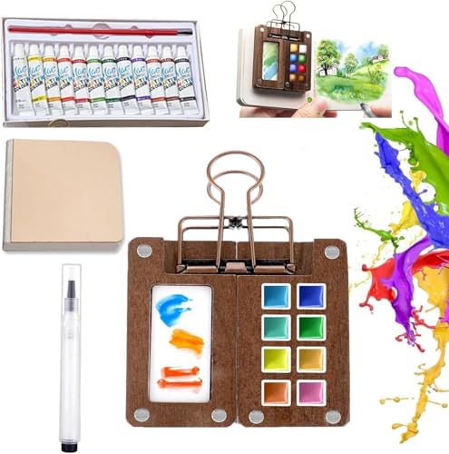 Mini Aquarell Set, 12 Farben Pocket Aquarell Watercolor Travel Set Mini Palette mit Clip für Künstler Maler Hobbymaler Anfänger und Studenten von AKINSTER