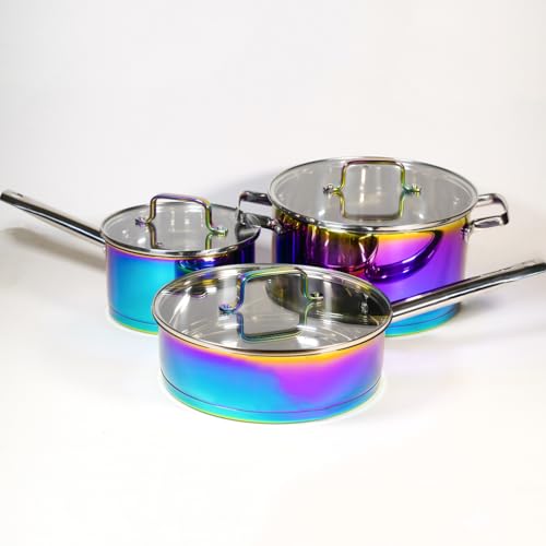 AKIS Dazzling Regenbogen Edelstahl 6 teilig Pfanne Topfset 1 Kochtopf, 1 Pfanne, 1 Stieltopf mit 3 Glasdeckel Induktionsgeeignet von AKIS ALIVE KITCHEN IDEA STUDIO