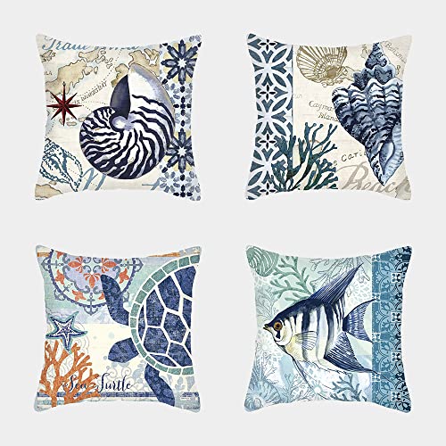 AKIS Home Kissenbezug 45x45cm 4er-Set Meerestiere Dekokissen Bezug Blau Mediterraner Stil Kissenbezüge Wohndeko Muschel Fisch Schildkröte Hülse… von AKIS ALIVE KITCHEN IDEA STUDIO