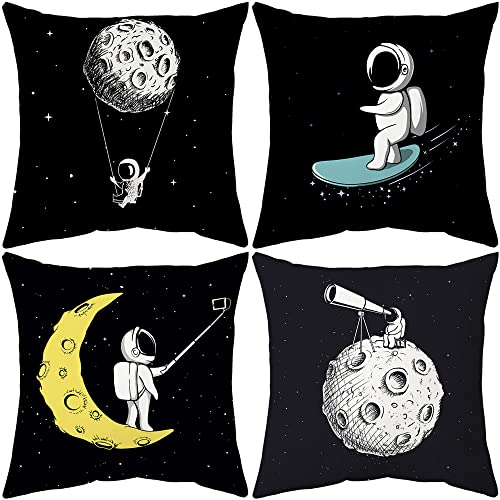 AKIS Home Kissenbezug 45x45cm 4er-Set Schwarz Astronaut Mond Muster Kissenbezüge für Kinderzimmer Schlafzimmer Wohndeko Kissenhülle… von AKIS ALIVE KITCHEN IDEA STUDIO