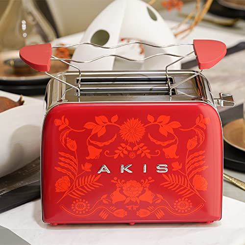 AKIS La Fête Design Toaster aus Edelstahl mit Brötchenaufsatz, 6 Bräunungsstufen, 850 W (Rot mit Blumenmuster in Barockstil) von AKIS ALIVE KITCHEN IDEA STUDIO