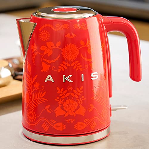 AKIS La Fête Design wasserkocher aus Edelstahl 1,7L, 2400W, elektrischer Wasserkocher mit Kalkfilter Vintage (Rot mit Blumenmuster) von AKIS ALIVE KITCHEN IDEA STUDIO