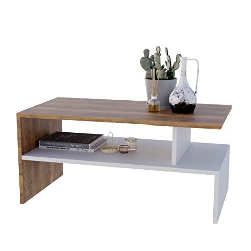 AKKE Jula Couchtisch für Wohnzimmer Beistelltisch Wohnzimmertisch Modern Sofatisch Kaffeetisch Deko Möbel für Wohnzimmer Wohnzimmertische Couchtische Eiche Retro Weiße Beine 93x45x50cm von AKKE